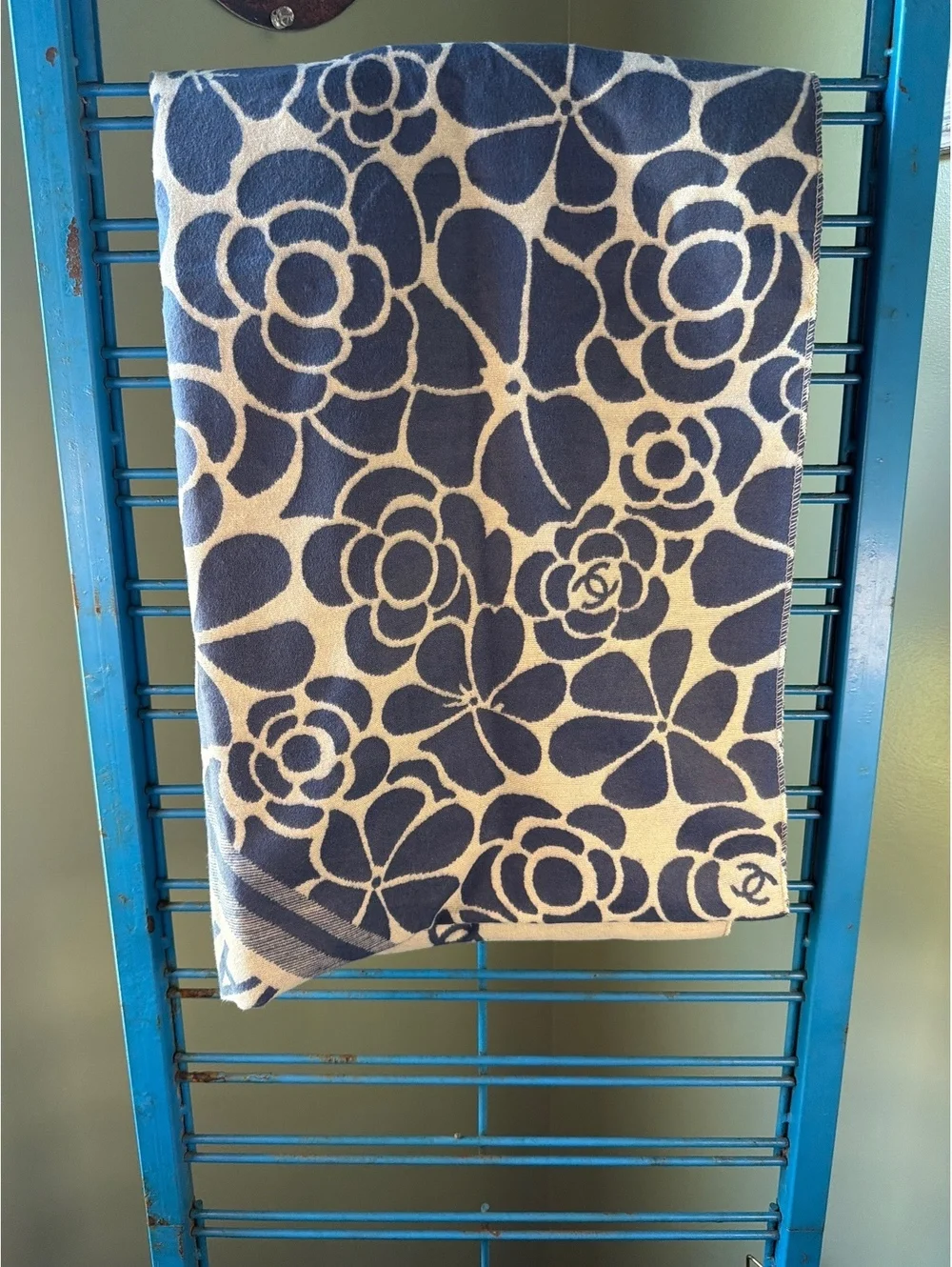 Chanel Floral Pattern Scarf Shawl in Navy and Cream